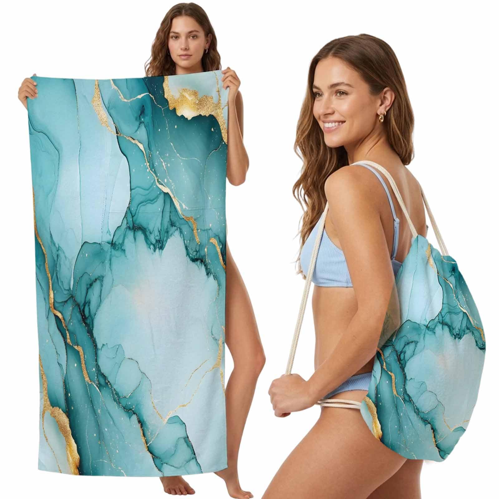 FWJZDSP Beach Towel Backpack Convertible Teal Green Marble Sand Free Quick Dry Towel Bag Gold Modern Art Beach Towel with Adjustable Straps for Travel Swimming Pool Beach Accessories 31.5x63in