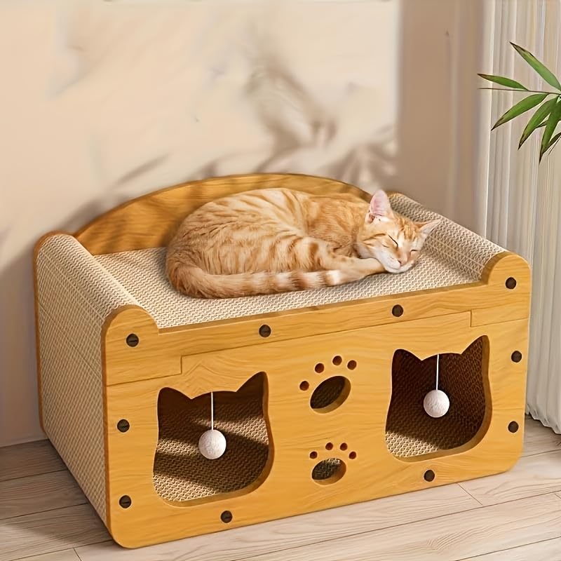 2-in-1 Kratzbaum und gemütliches Katzenbett mit hängendem Ballspielzeug - großes Kartonbett, Katzen-Spielhaus, Langlebiges Katzenspielzeug, lustige Möbelgeschenkidee, Katzenzubehör