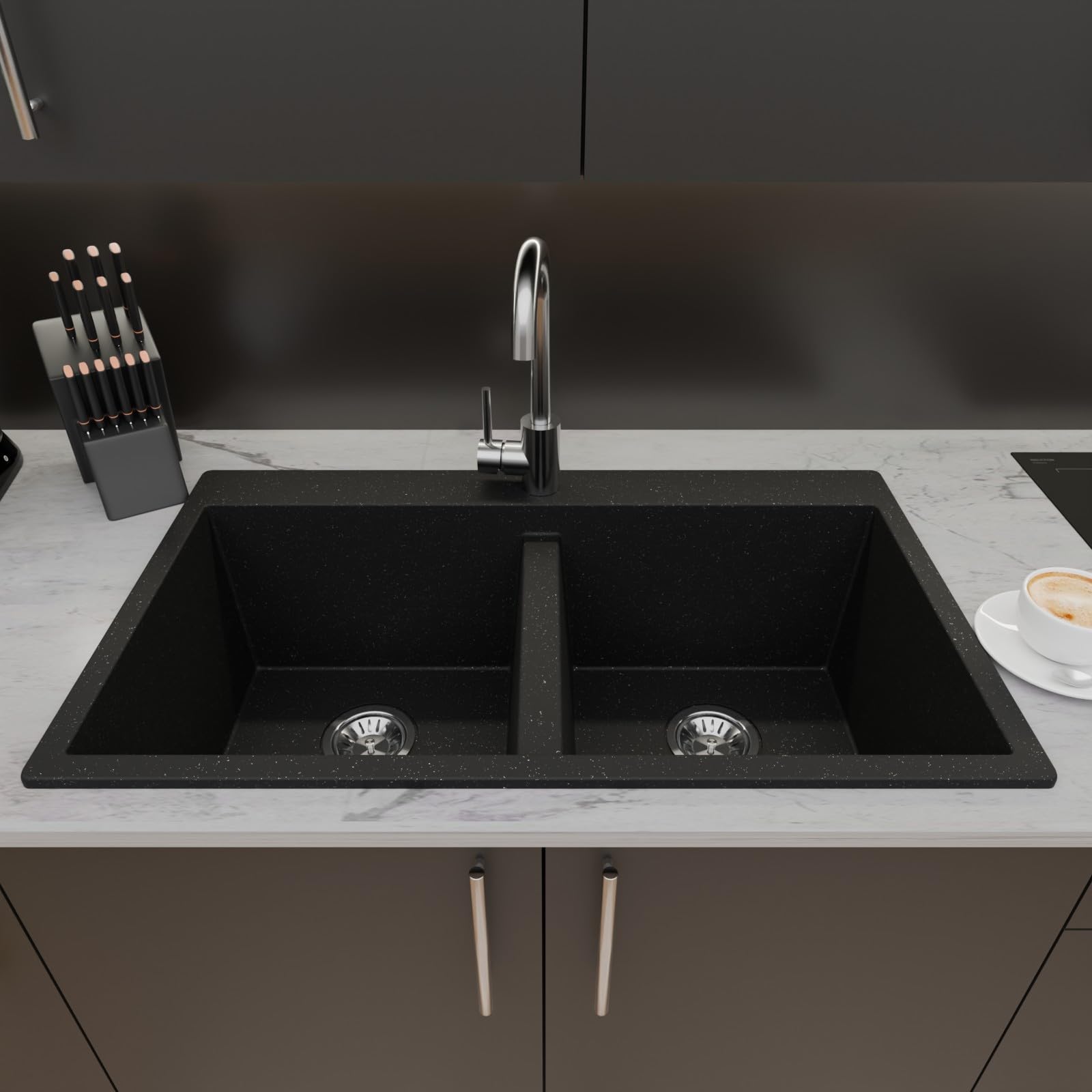 Lavello Fregadero de granito Grafito – Fregadero de montaje profundo 81x47,5 cm – Fregadero de cocina 2 pilas, fácil de cuidar, resistente a los arañazos, reversible – incluye juego de desagüe y