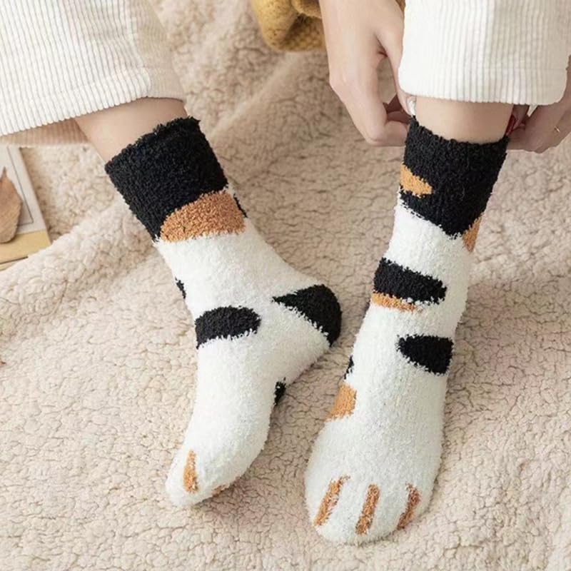 1 Pair Cozy Coral Fleece Cat Claw Calf Socks For Women, Thick Warm Winter Home Socks With Striped Pattern3