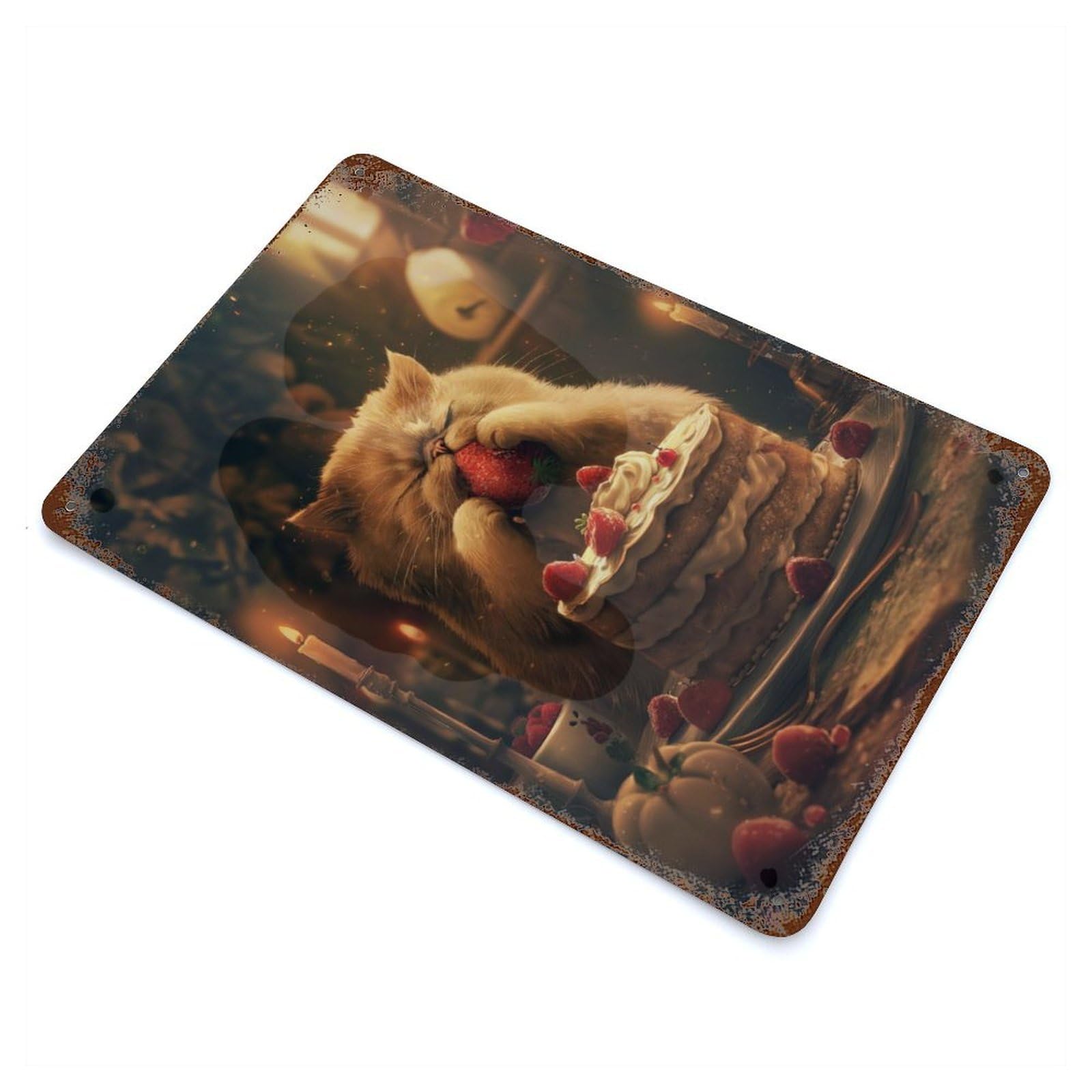 Funny Cat Cake Strawberry Rusty Metal Tin Sign 11.8"x7.9", for Shed, Workshop And Garage Wall Decor, Shabby Chic Decor