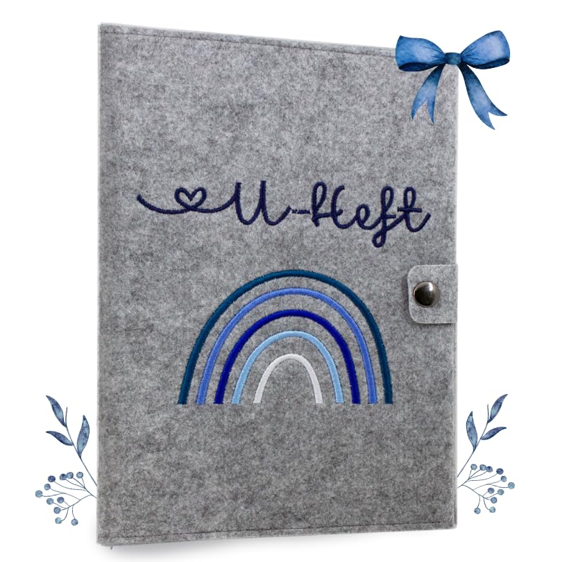 cozy racoon U-Heft- und Impfpasshülle aus Filz| 3- teiliges Set | Hochwertige Hülle für Untersuchungsheft Impfpass und Versichertenkarte Deines Kindes | Design Regenbogen Blau