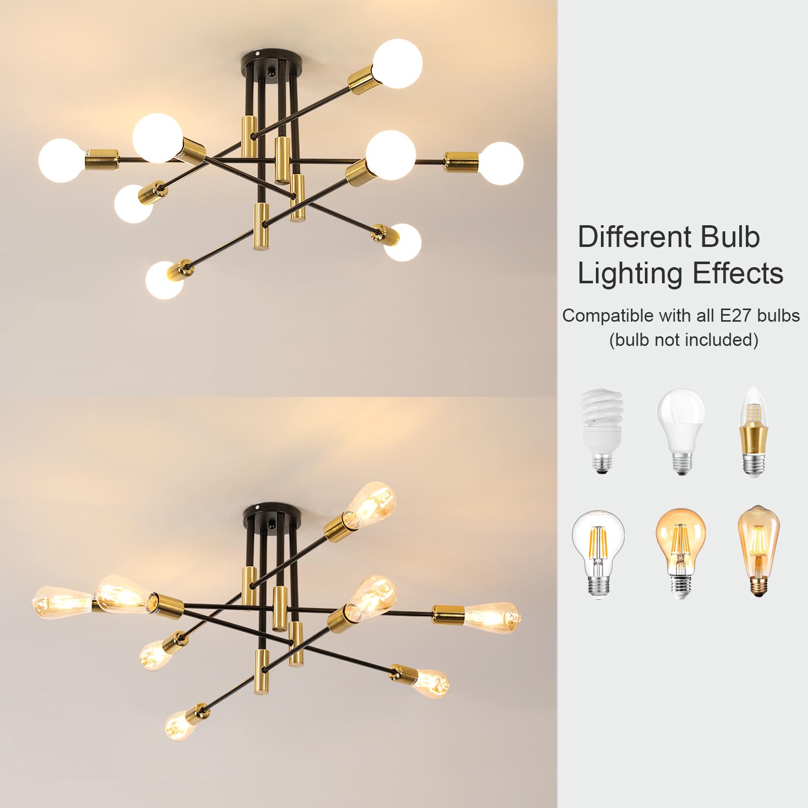 Toolight Lampadario Sputnik, 8-Luci Plafoniera Soffitto Vintage in Metallo E27, Lampadario da Soffitto Moderno per Soggiorno Camera da Letto Sala da Pranzo Cucina, Nero e Oro, Ø90cm
