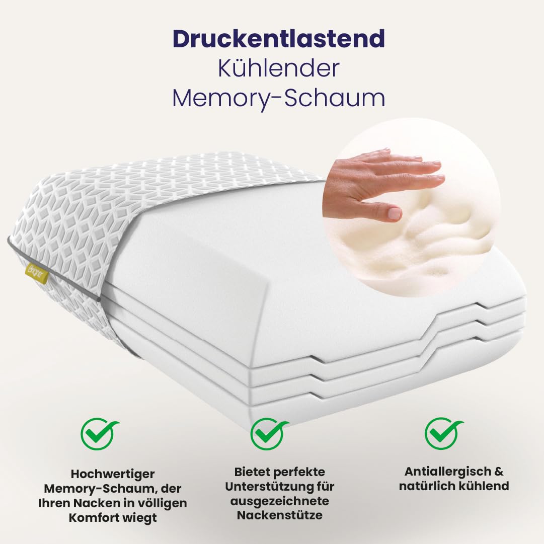 Brightr® "Eclipse 2er-Set Memory Foam Kopfkissen gegen Nacken- und Schulterschmerzen | Höhenverstellbares Kopfkissen für Seitenschläfer | 43x63cm | Von Osteopathen empfohlen | Hautkühlend | Sehr FES