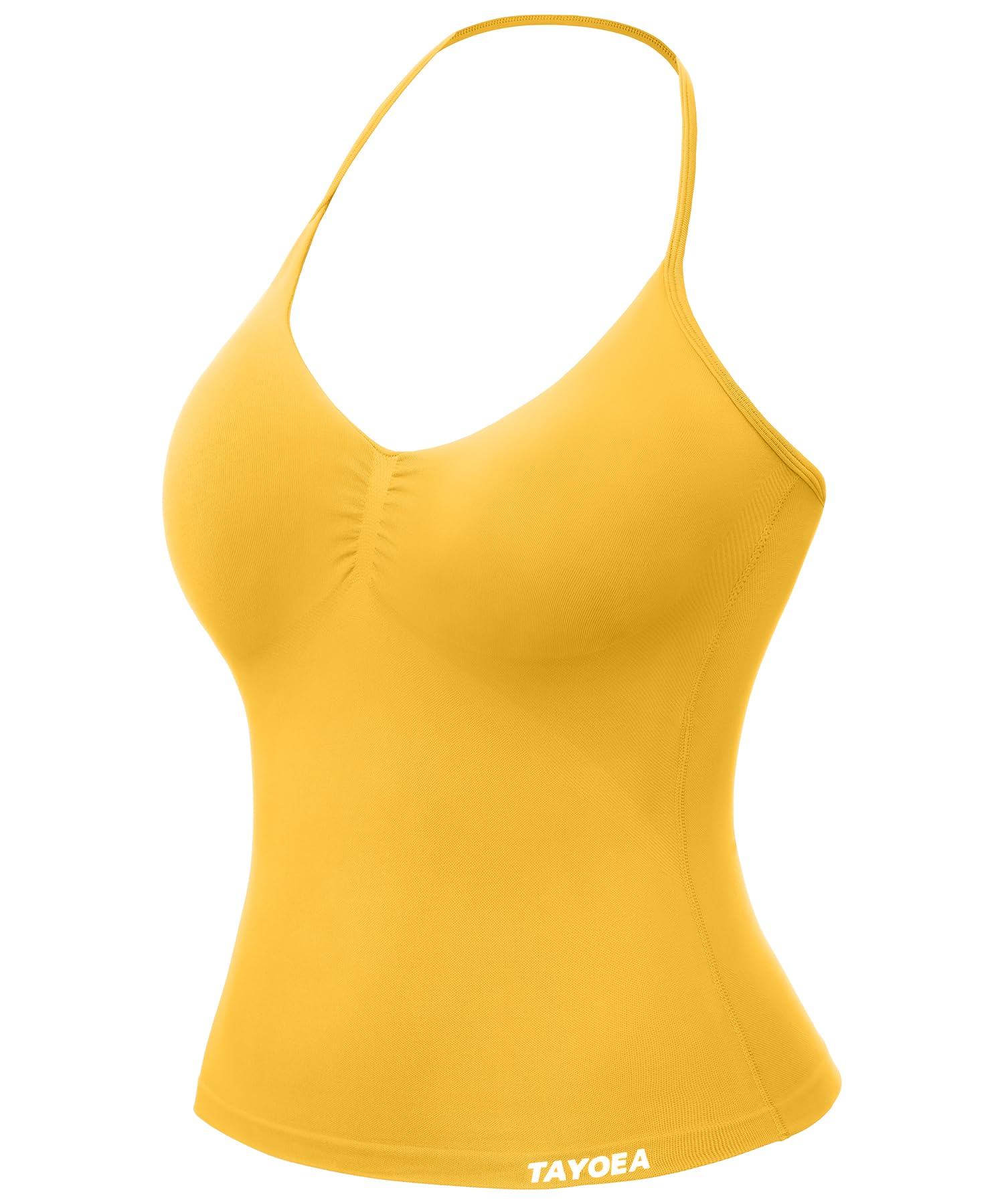 TAYOEA Tank Top Damen Bauchfreies Oberteil mit V-Ausschnitt Rückenfreies Crop Top mit Integriertem Pads Damen für Yoga Gym Gelb,XS