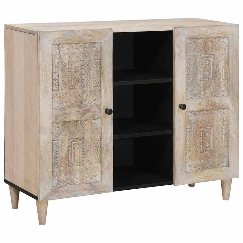 Credenza bianco sbiancato, 90 x 33 x 75 cm, in legno massello di mango con 2 ante, 4 ripiani, elegante telaio intagliato per sala da pranzo, soggiorno, cucina, corridoio e ufficio