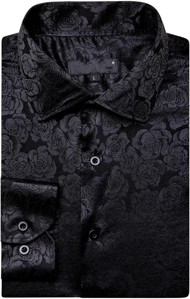Male Casual Tops Formal Streetwear Men Silk Long Sleeve Black Flower Slim Fit