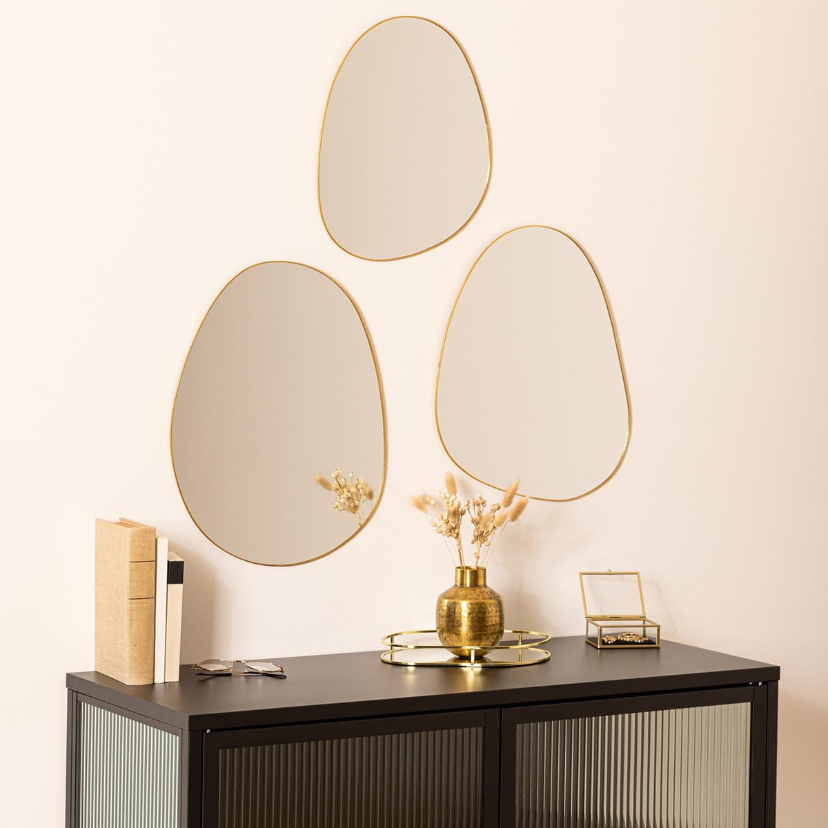 Atmosphera - Lot de 3 Miroirs Muraux LIDA Forme Organique, Doré, H 47 cm - Décoration pour Salon, Entrée, Chambre