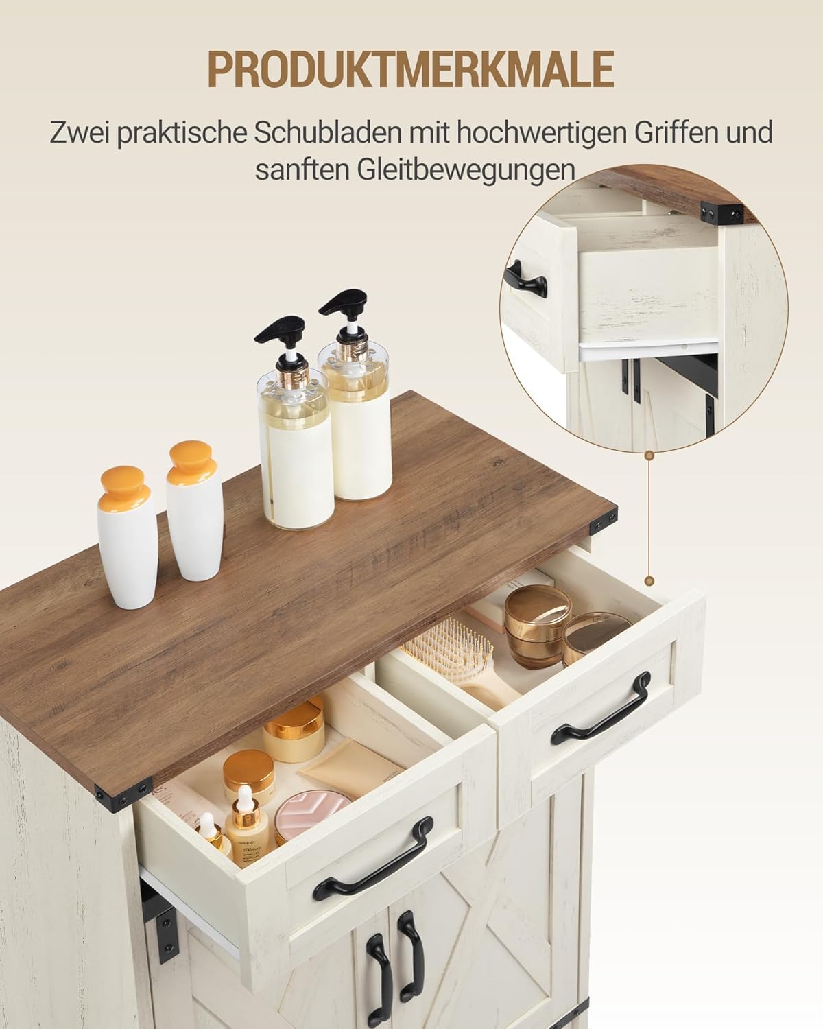 Hzuaneri Mobile da Bagno, Mobiletto da Bagno con 2 Cassetti e 2 Ante, Mobiletto da Cucina, Ripiano Regolabile, 30 x 60 x 80 cm, Bianco Rustico e Noce Medio SC62414X