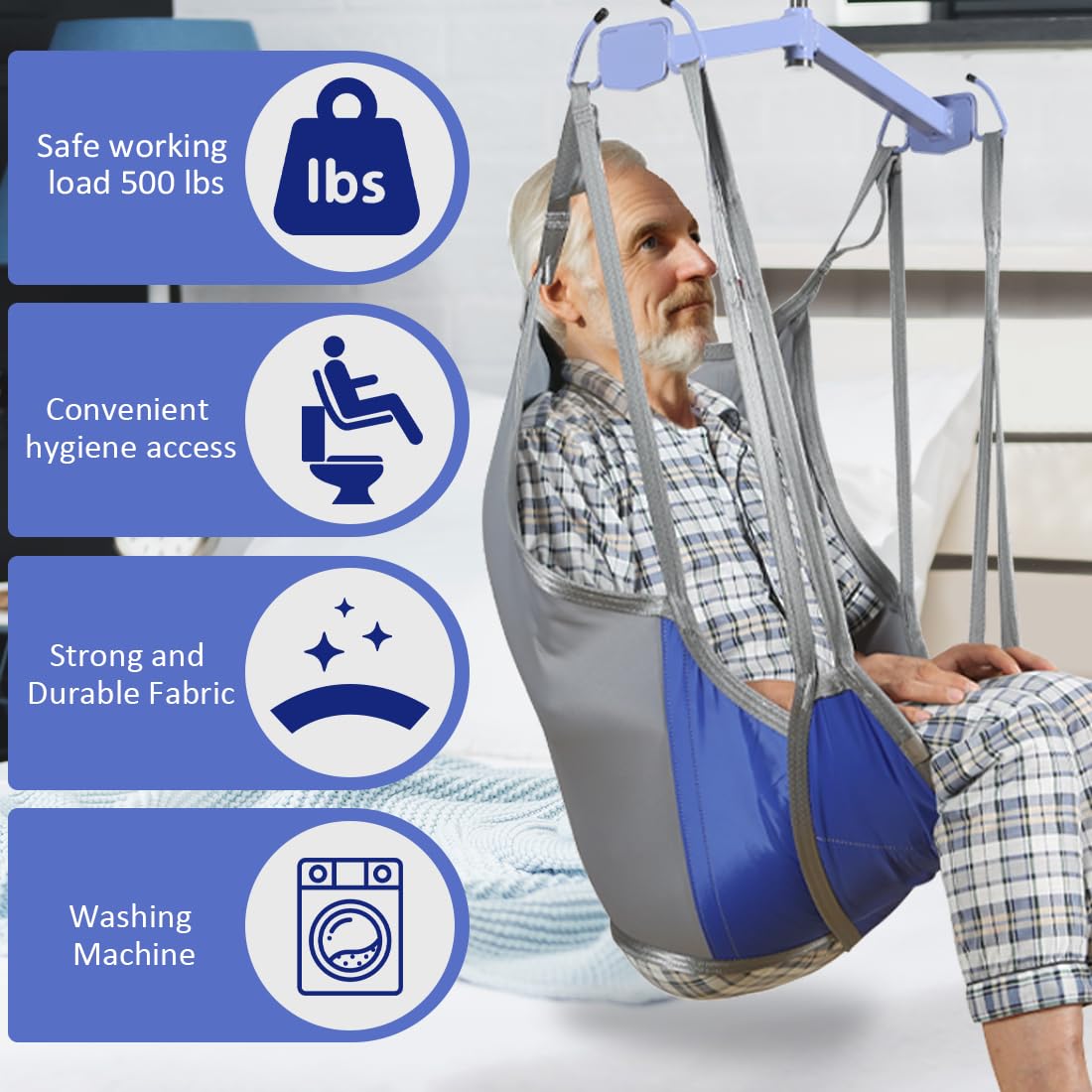 EZ Assistive Écharpe de levage pour patient, jambe divisée avec dossier bas ou haut, sangle de levage pour transfert, positionnement et levage, capacité de poids de 226,8 kg (dos moyen-bas)