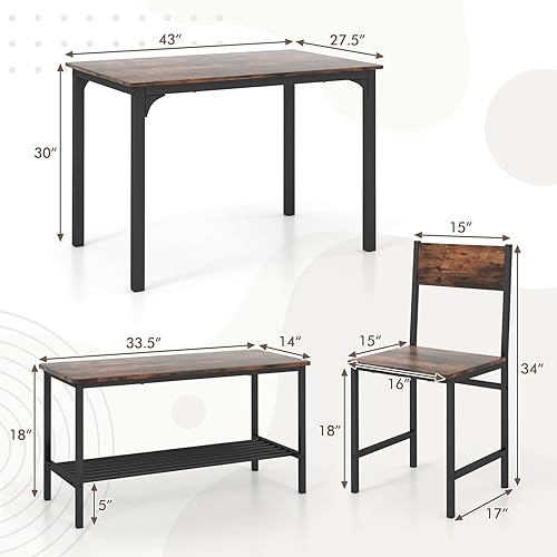 Miniatura 5 de GOFLAME Juego de mesa de comedor de 4 piezas para 4, mesa de cocina industrial con 2 sillas y banco, juego de mesa de desayuno que ahorra espacio