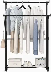 Cabideiro Duplo Roupas Aço Regulável com Rodas e Sapateira Organizador Móvel Arara Portátil Blusas Calças Jaquetas Camisetas Vestidos Sapatos Prático Resistente Fácil Montagem