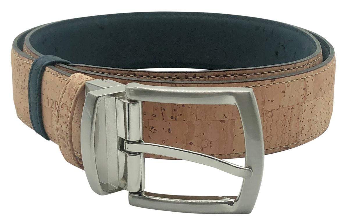 Ceinture en liège | Ceinture réversible en liège | Bicolore beige et bleu | Ceinture naturelle moderne avec boucle argentée | Ceinture réversible en liège | Unisexe | Différentes tailles
