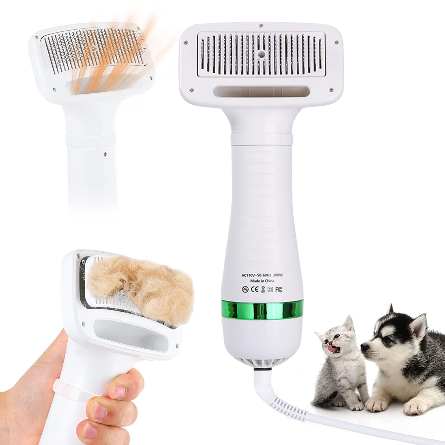 Secador de pelo para perros con peine para el pelo, cepillo secador de pelo para mascotas 2 en 1, secador de pelo silencioso con 3 temperaturas ajustables, para perros, gatos u otras mascotas