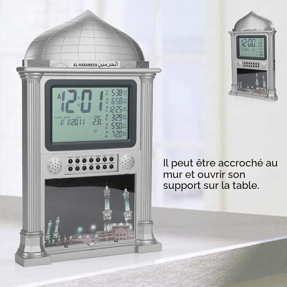 Bewinner AL-HARAMEEN Horloge De Prière Musulmane Horloge De Table Rétro-Éclairée Islamique Multifonctionnelle pour La Prière AZAN HA-4002