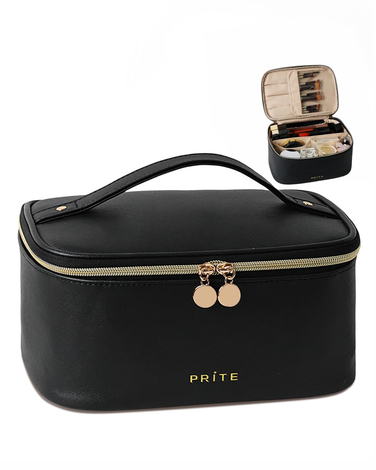 Large Makeup Bag for Women Travel Cosmetic Case Waterproof PU Leather Toiletry Bag Portable Make Up Organiser with Handle and Removable Divider (Black)