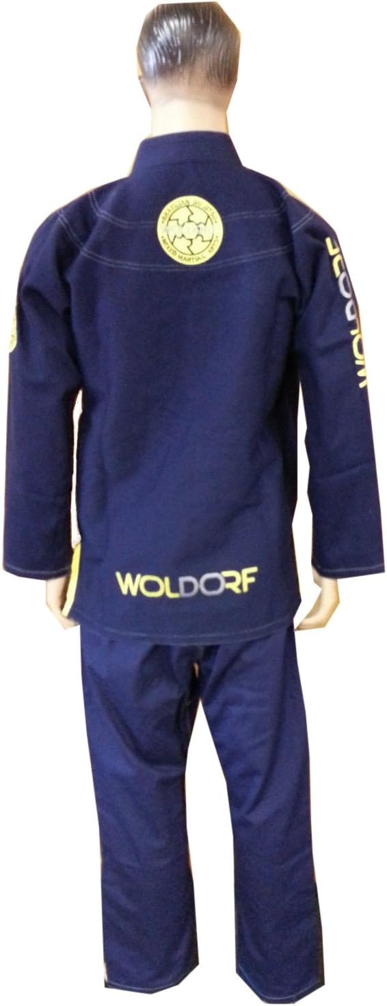 Brazilian Jiu Jitsu Kimono Pearl Weave Gi Competition Uniform Navy Blue Yellow Rip Stop Pants Size 6 A4 Pre-Shrunk, Ultra Light Weight Uniforms