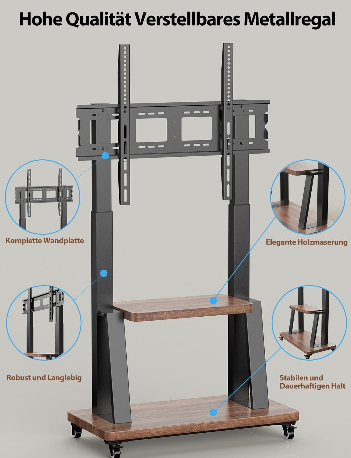 Rollbarer TV Ständer für 32-100 Zoll Fernseher,Professioneller Monitor Stand mit Rollen höhenverstellbar,max VESA 900x600 Last bis 80kg Wohnzimmer Schlafzimmer Büro Universeller TV Standfuss