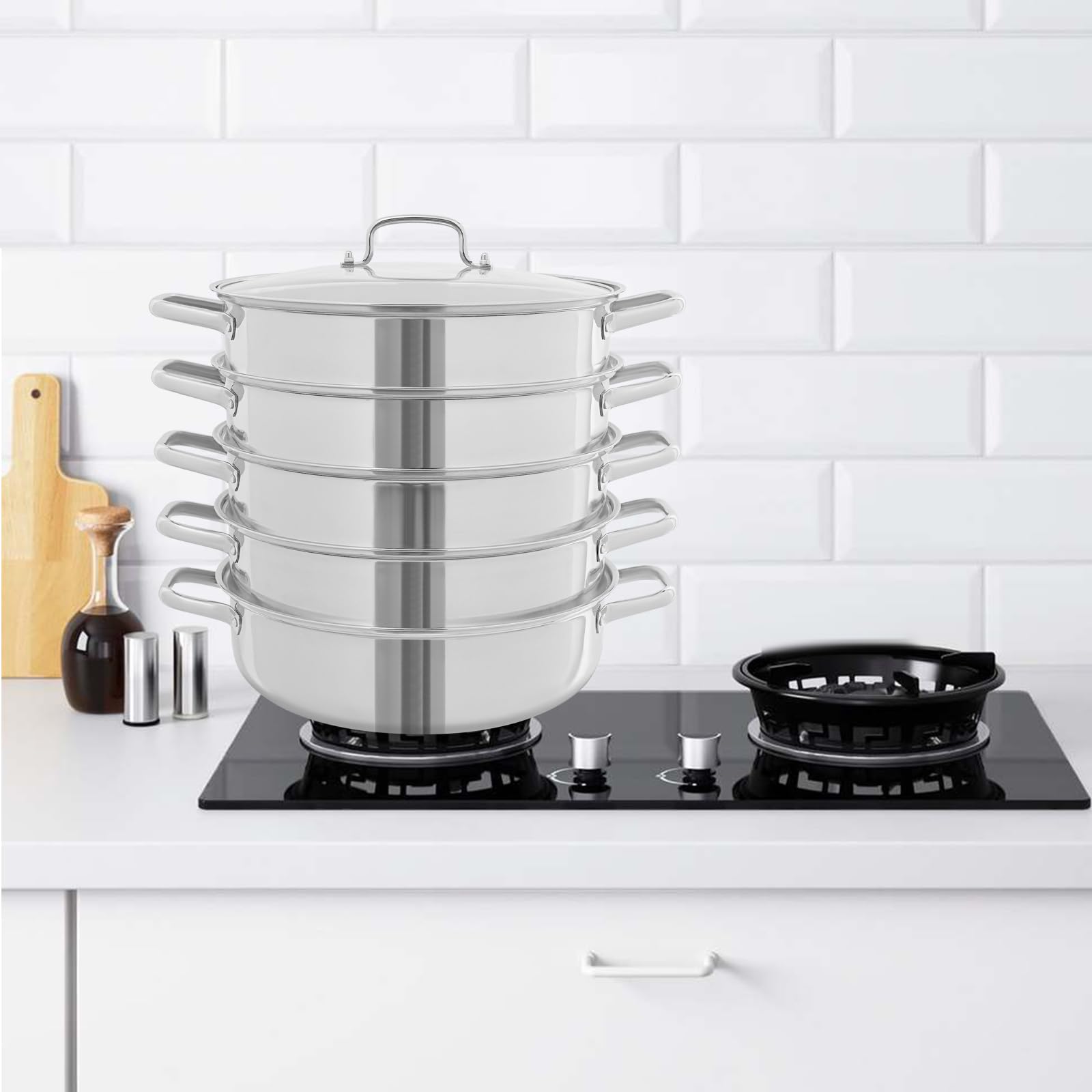 Dampfgarer Topf 5 Etagen Edelstahl Dampfkocher Mantowarka mit 4 Dampfgitter Dampftopf Kartoffeldämpfer Dampfgartopf Dampfgarer Kochtopf (Durchmesser 28 cm) (Durchmesser 32cm)