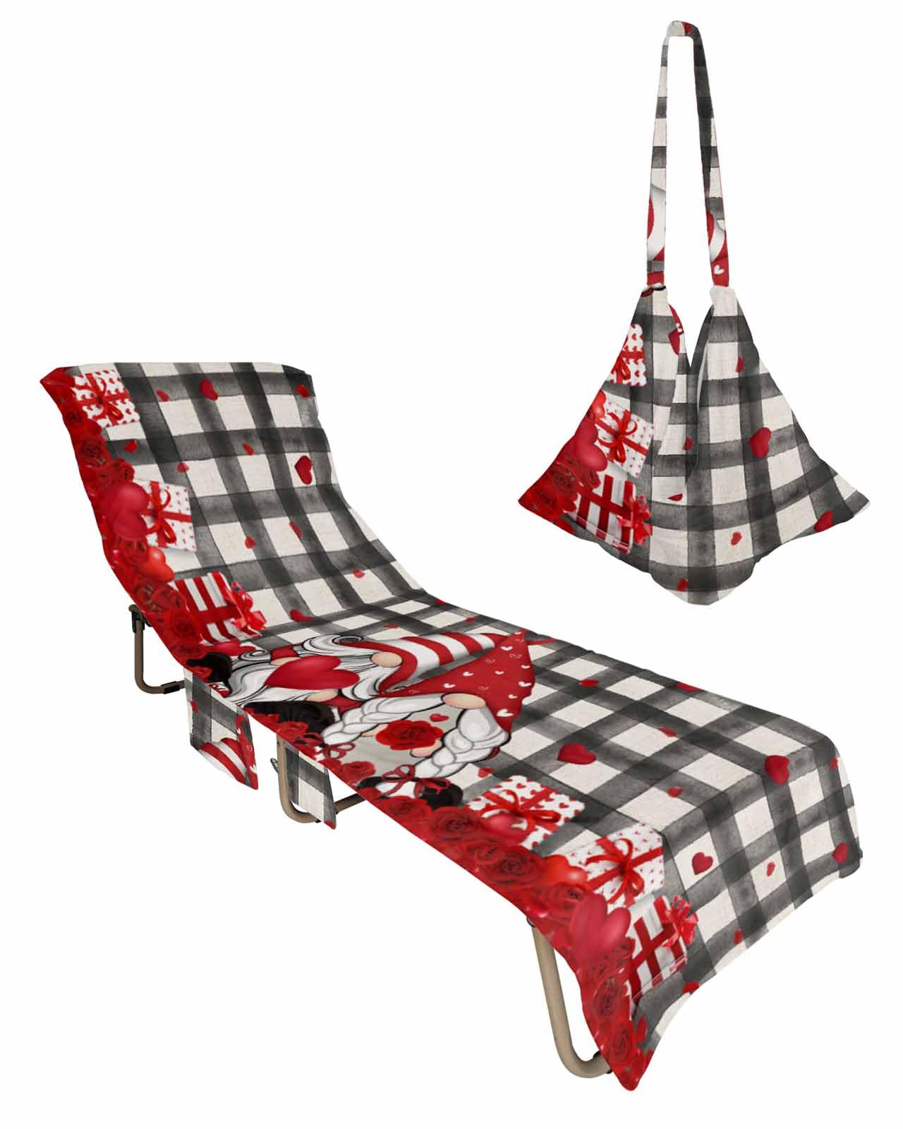 Valentine Beach Chair Towel Covers for Chaise Lounge with Side Pocket, Soft Plush Pool Towels Cover for Patio Sunbathing Outdoor 29''x85'' Buffalo Plaid Gnomes Love Valentine's Day