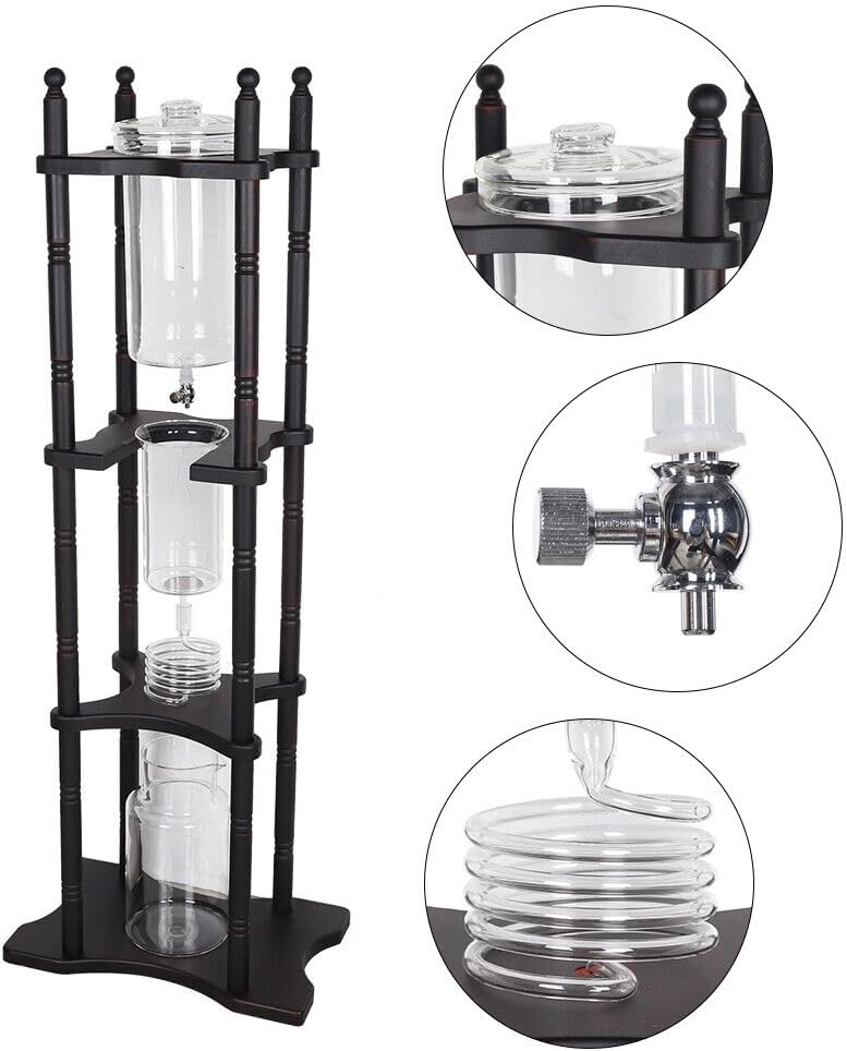 Ice Drip Coffee Maker 2500ml Cold Brew Coffee Tower Slow Drip Japanese Cold Brew Maker Drip Ice Coffee Tower Glass Dutch Coffee Dripper with Wood Straight Frame (Black)