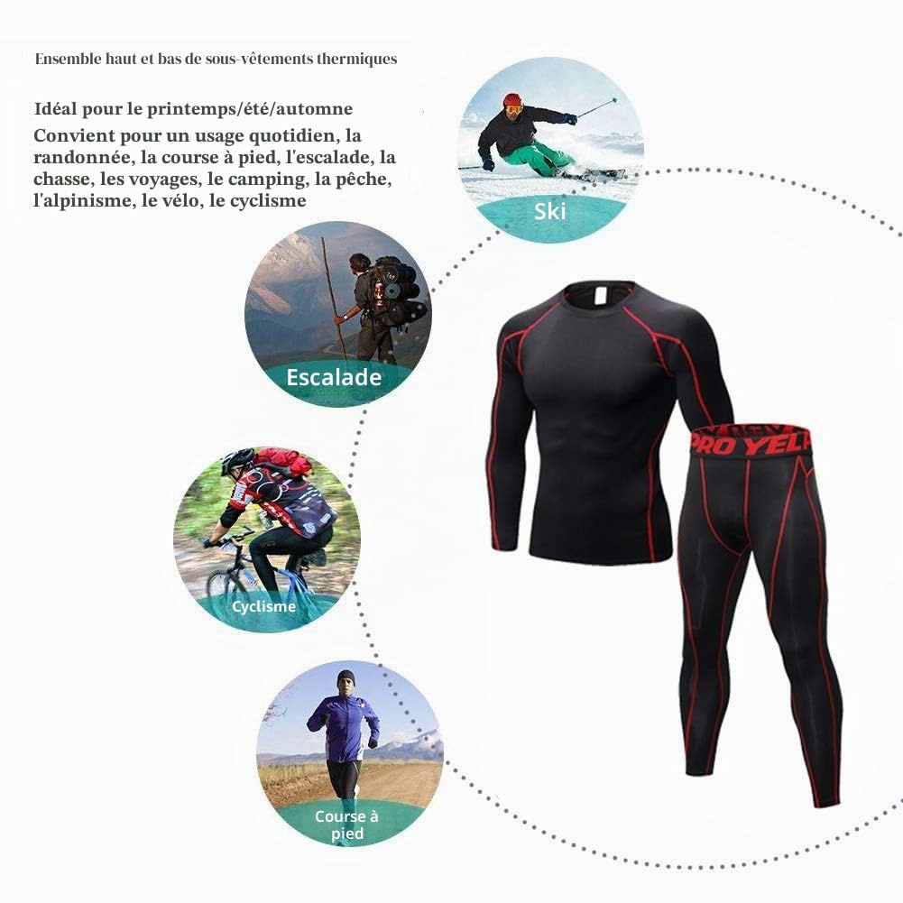 Ensemble de sous-vêtements Thermiques Homme en Compression Haut Manches Longues & Pantalon Respirant pour Ski Cyclisme et Sport d'hiver Garde au Chaud