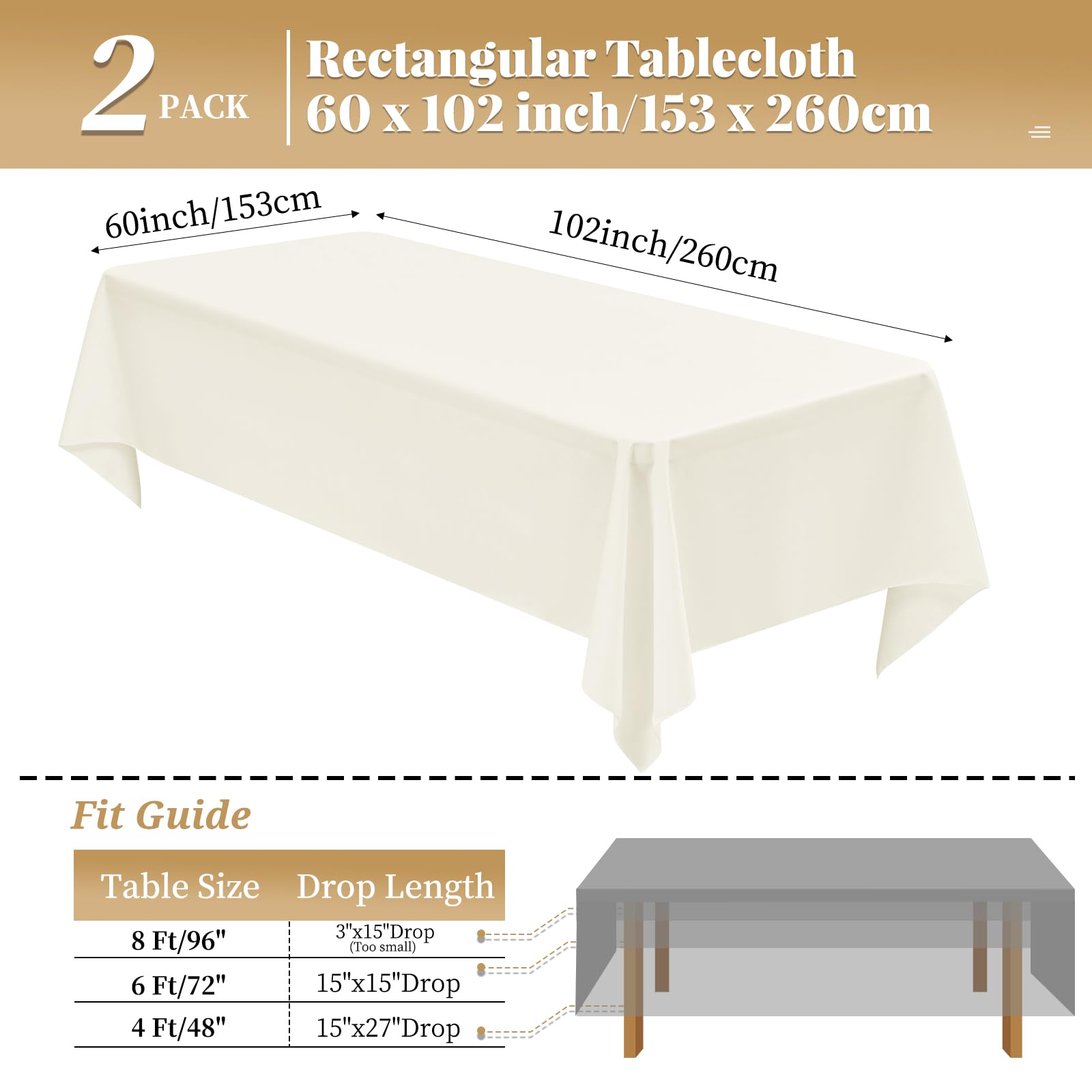 Confezione da 2 tovaglie rettangolari in poliestere avorio, 153 x 260 cm, per tavoli da 1,8 m, lavabili rettangolari, per matrimoni, banchetti
