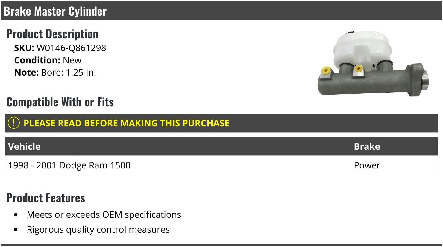Brake Master Cylinder - Compatible with 1998-2001 Dodge Ram 1500 with Power Brakes