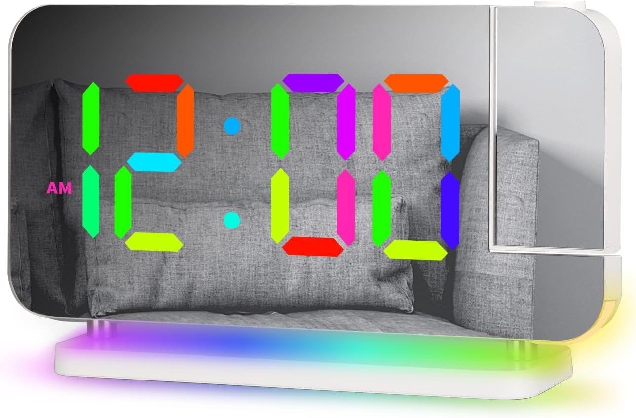 Augot Projection Alarm Clock, 8" LED RGB Mirror Digital Clock with 180° Projector Alarm Clocks