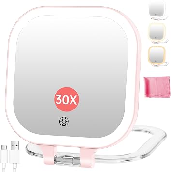 FASCINATE Rechargeable Travel Makeup Mirror 30X Magnification, 3.5" Lighted Portable Vanity Mirror with 3 Colors Lighting & Stepless Dimming, Double Sided LED Mirror, Gift for Women Pink