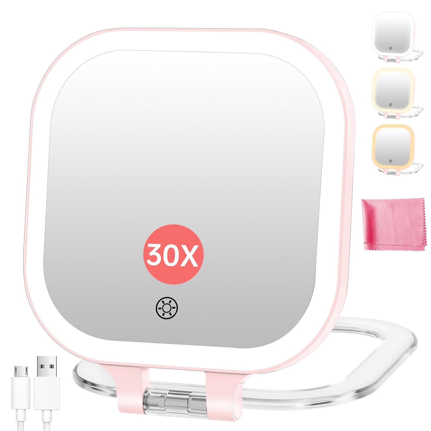 FASCINATE Rechargeable Travel Makeup Mirror 30X Magnification, 7" Lighted Portable Vanity Mirror with 3 Colors Lighting & Stepless Dimming, Double Sided LED Mirror, Gift for Women (White)