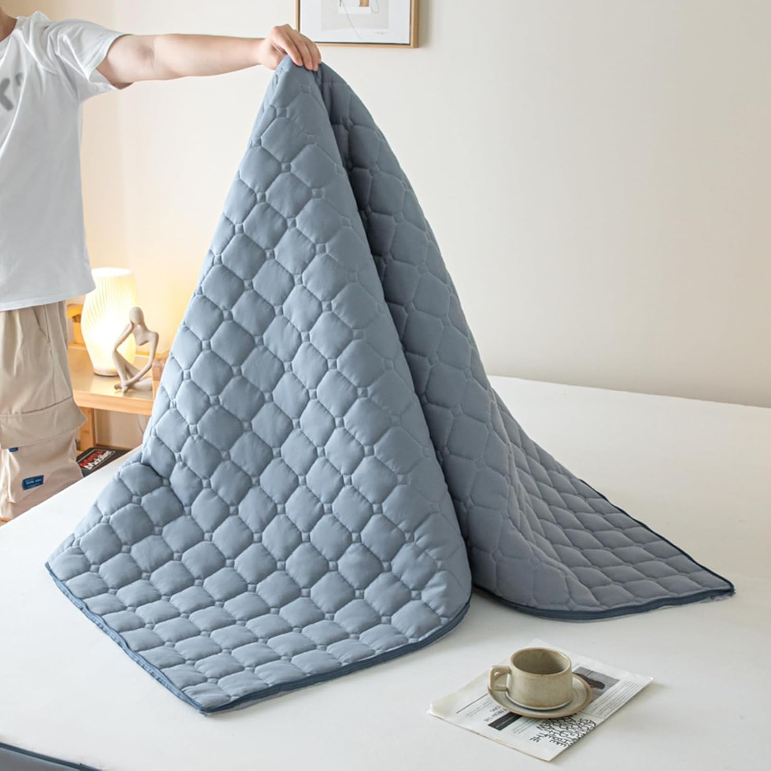 Housse de Matelas avec Fermeture éclair, Protège-Matelas Respirant Lavable Matelas Integral Matelassé Drap-Housses(Bleu,90x190x15cm)