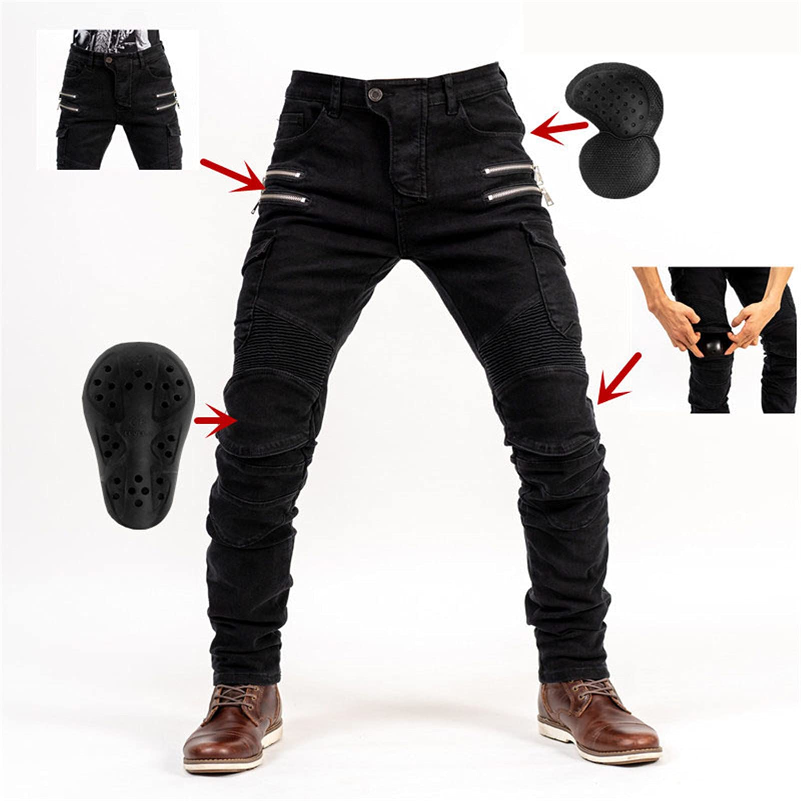 BEDSETS Pantaloni Da Moto, Per Uomo, Jeans In Denim Per Motociclismo Con Armatura E 4 Ginocchiere, Pantaloni Da Corsa Professionali (Black,L)