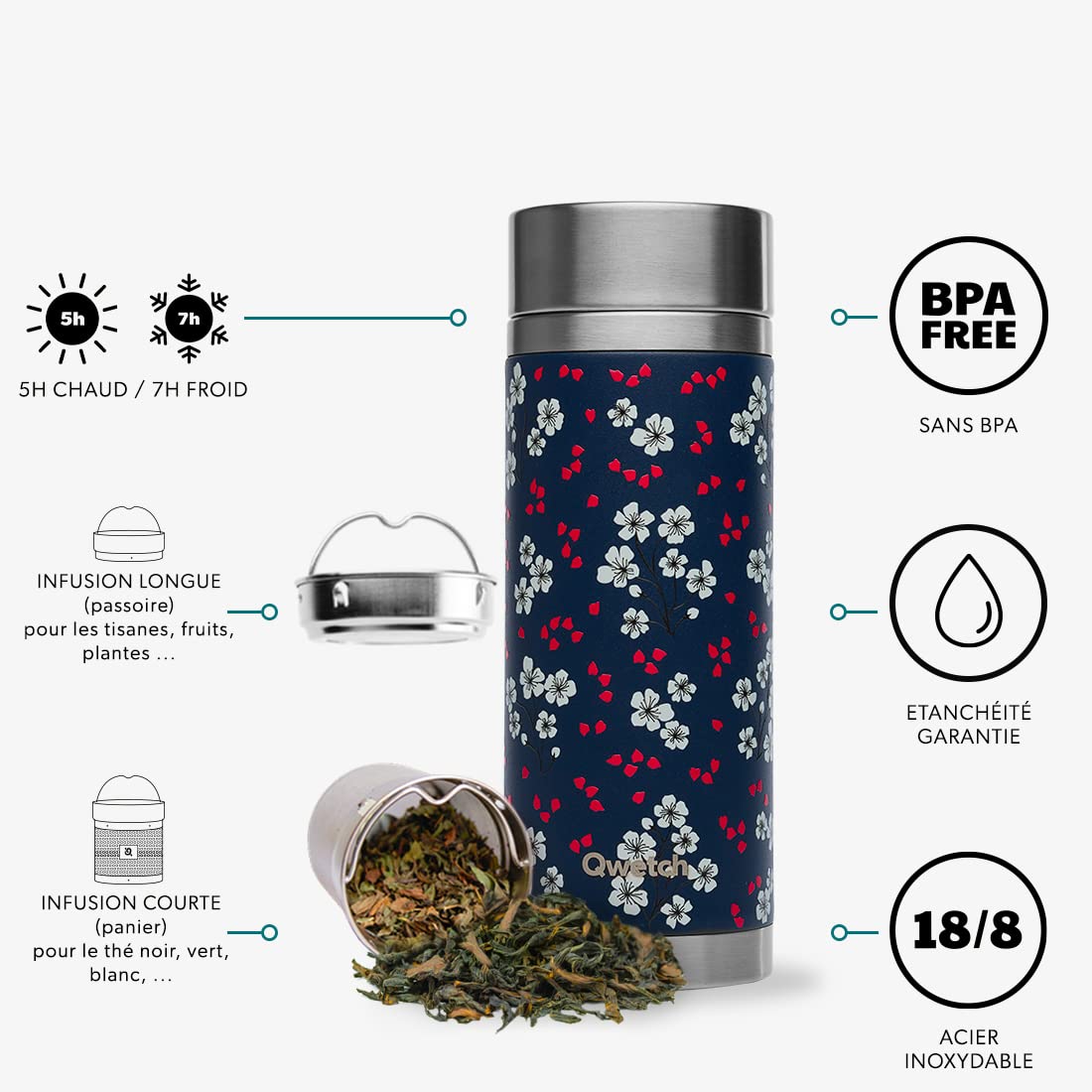 Qwetch - Thermosfles voor Nomadische 400 ml - Bloemen Nachtblauw - Infuser met 2 Filters - 12 uur Warm/24 uur Koud - Waterdicht, Herbruikbaar & Duurzaam - Voor Thee, Koffie, Kruidenthee en Fruit