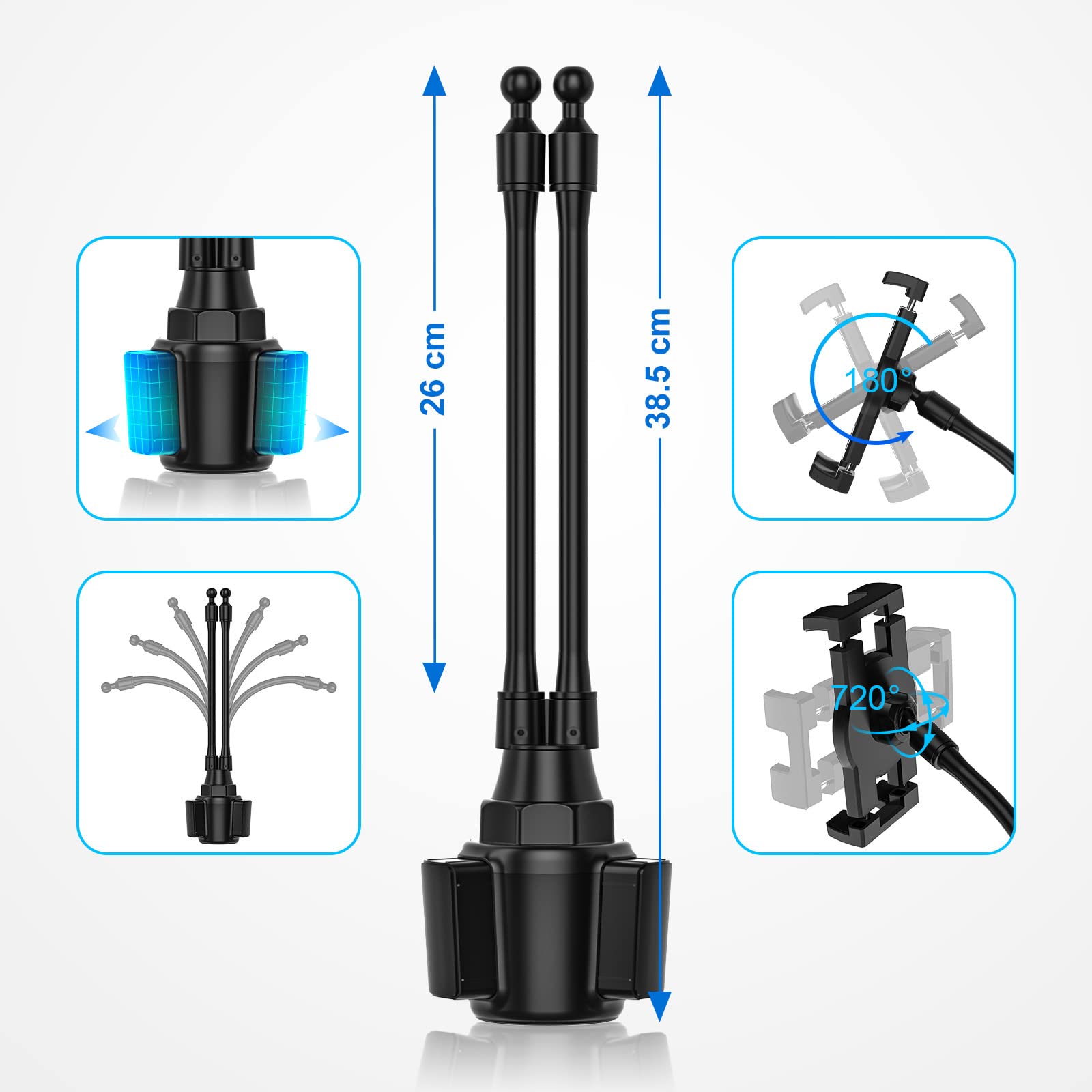 Soporte Tablet Portavasos Coche, Soporte Tablet Taza Coche con Brazos Dobles de Cuello de Cisne y Abrazaderas, para iPad Pro Air Mini, Galaxy Tabs, iPhone, Móvil y Tabletas de 4-12.9"
