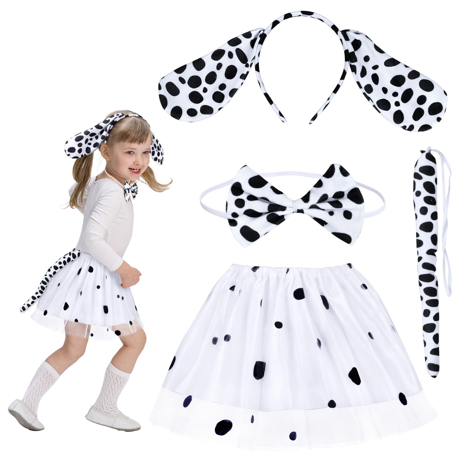 Honmok Girls 4 Piece Dalmatian 4 Pcs Kids Dalmatian Costume, Halloween Dalmatian Dog Outfit Include Spotted Dog Ears Headband Tutu Dress Tail Bowtie, Dog Fancy Dress Costume For 3-10Y Halloween Cosplay Party