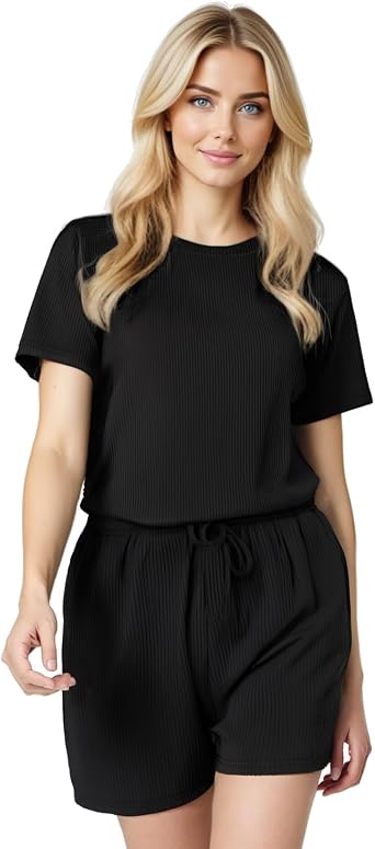 LANBAOSI Womens Short Sleeve Pajama Sets with Pockets Casual Ribbed Ladies Loungewear Set 2 Piece Comfy Lounge Sets Pjs