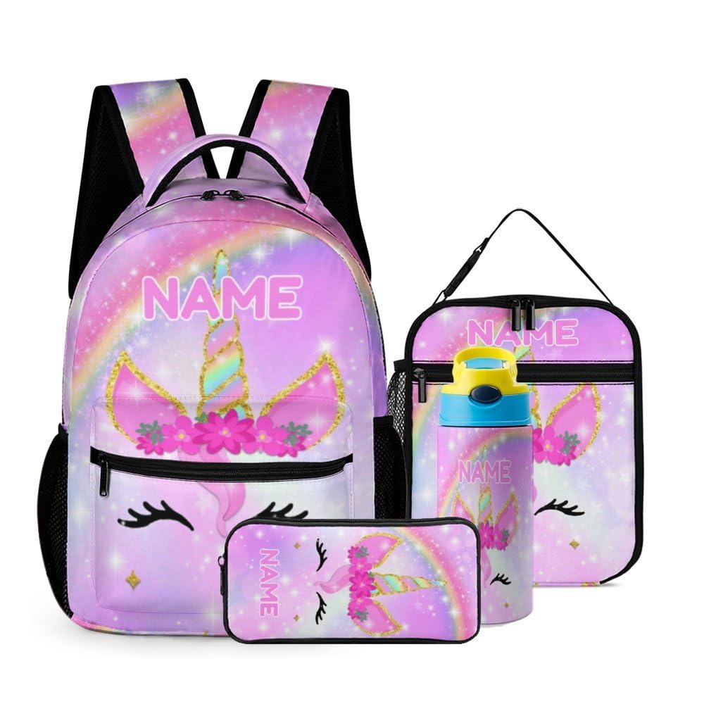 MLIANCEN Custom 4Pcs Backpack Set with Lunch Bag Pencil Case Kids Water Bottle Add Your Name Personalized School Book Bags Customization Pink Unicorn