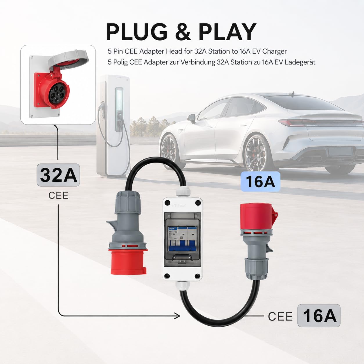 Adaptador CEE de 32 A a 16 A, IP44, 400 V, corriente de alta potencia de 3 fases, 5 polos, para caravanas, autocaravanas, obras