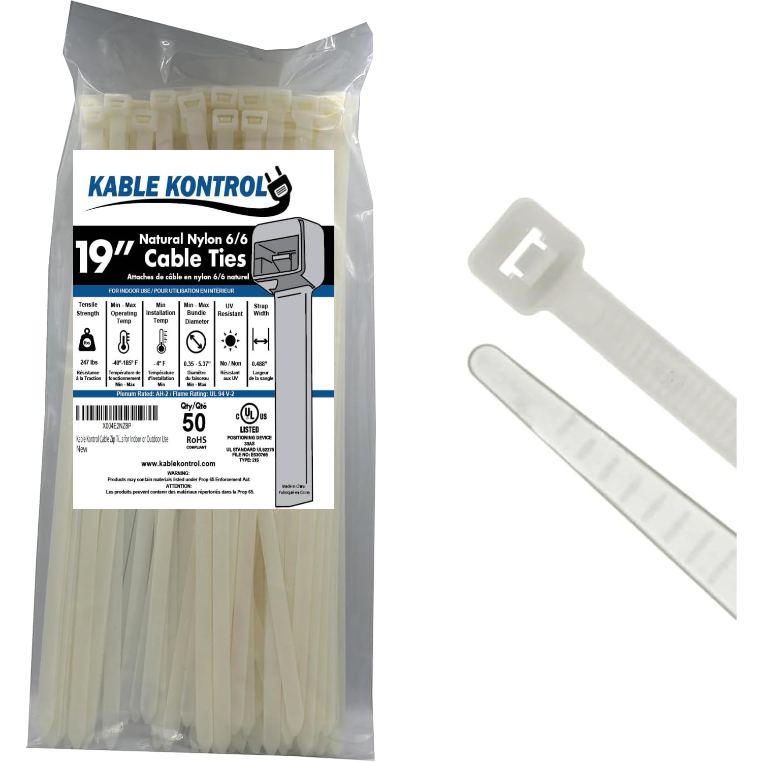 Kable Kontrol Cable Zip Ties Natural White 50 Pcs 19 Inch, 250 Lbs Tensile Strength, Self-locking Natural Nylon Clear Plastic Wire Ties wraps for
