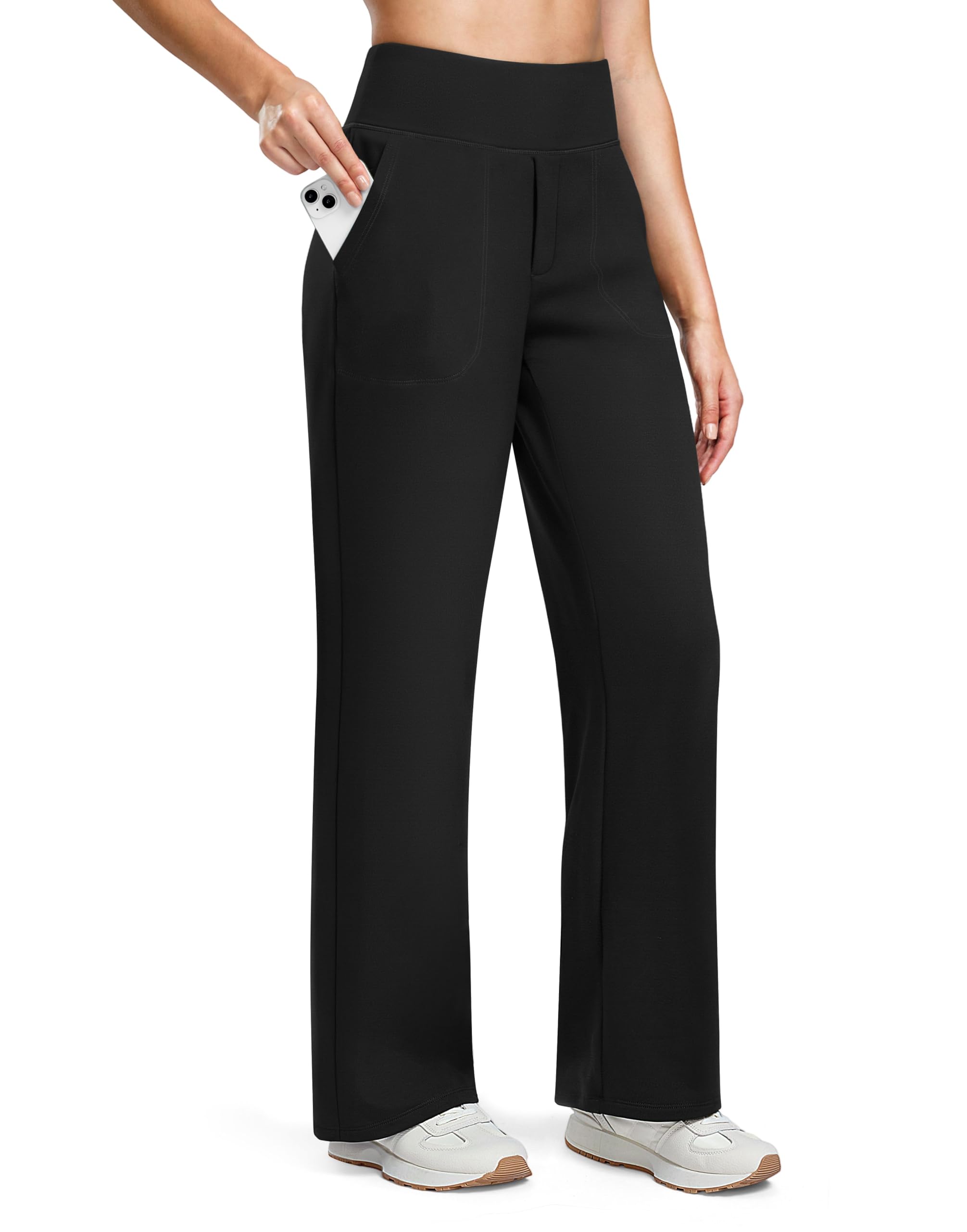 Soothfeel Fleece Lined Pants Women 29 31 33 High Waisted Wide Leg Sweatpants with Pocket Winter Warm Work