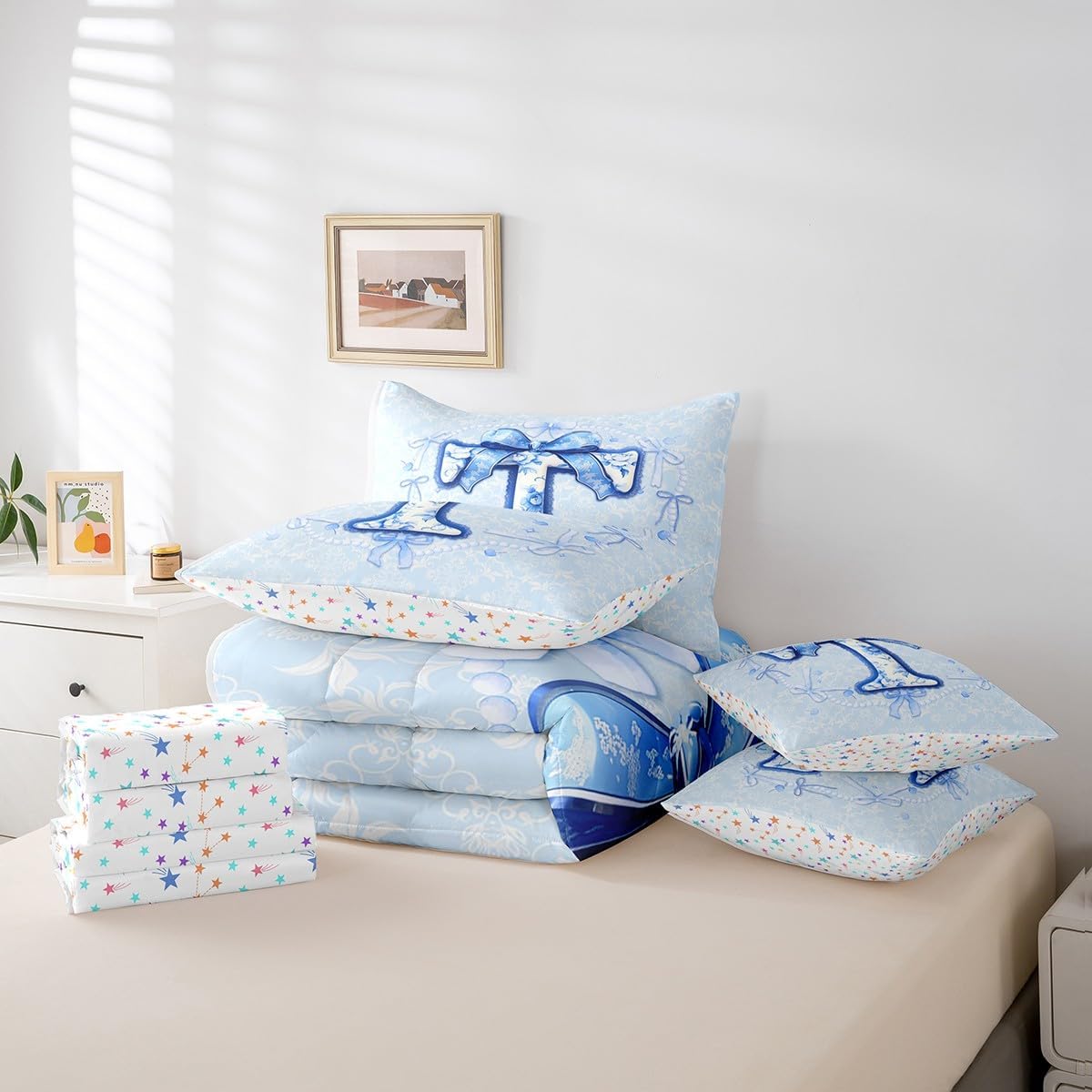Erosebridal 7Pcs Coquette Bow Twin Bedding Sets Blue Groovy Floral Cute Bowknot Bed in A Bag Initial Letter T Aesthetic Bow Gifts Girls Comforter Set with Sheets for Girlfriend/Mom/Sister(T)