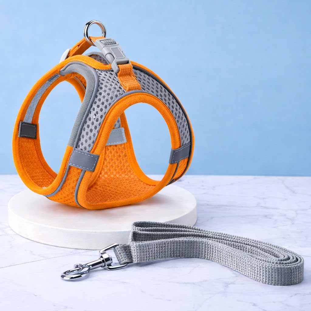 PetUuzzy Dog Harness Vest with Neck Release Buckle- No Pull Pet Harness with 2 Leash Clips-Adujstable Soft Padded Breathable-Reflective No-Choke with Easy Control for Training (Orange, Small)
