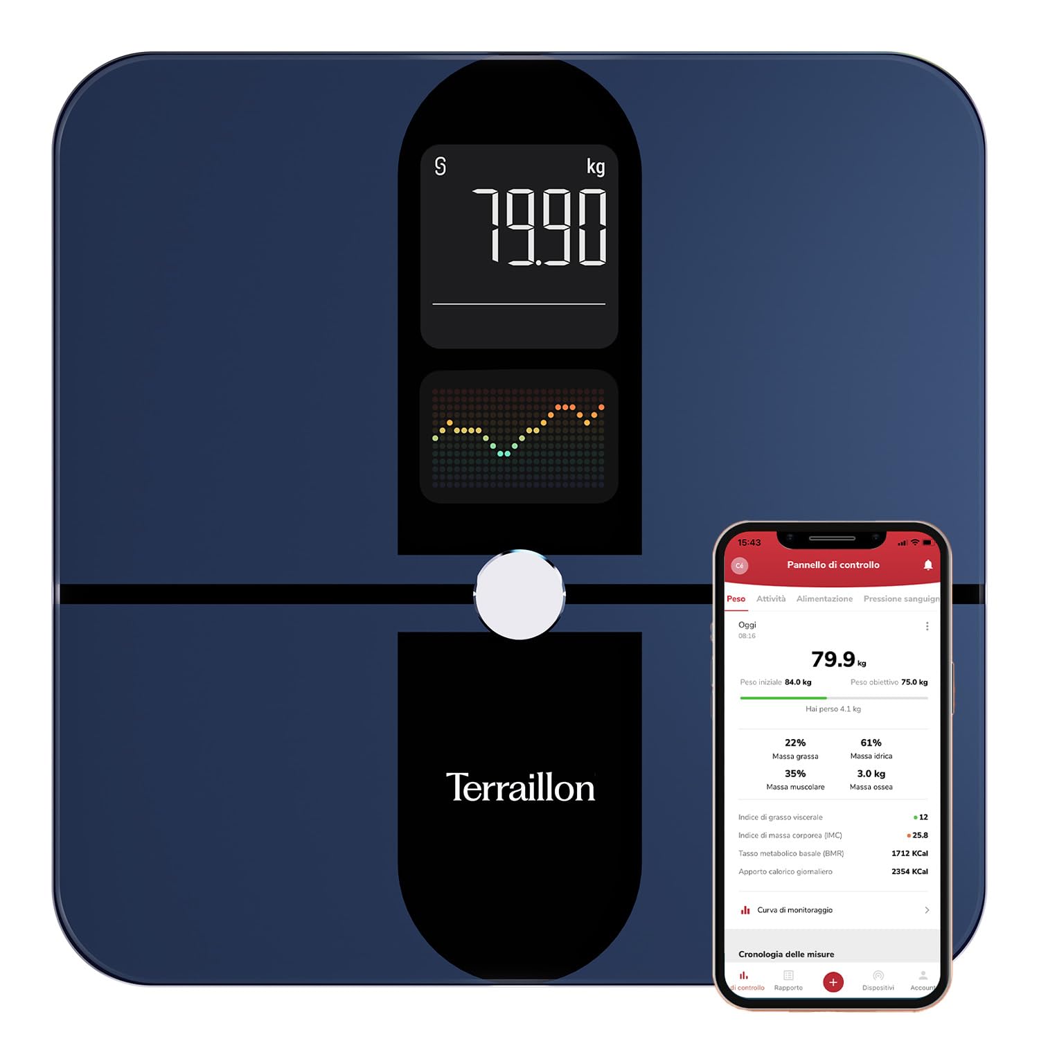 TERRAILLON - COLOR CONNECT - Bilancia connessa Bluetooth, Frequenza cardiaca, Masse: grasso-muscolare-idrico-ossea, BMI, Capacità 180 kg, Graduazione 50 g, Schermo Multi Display Colore, Blu
