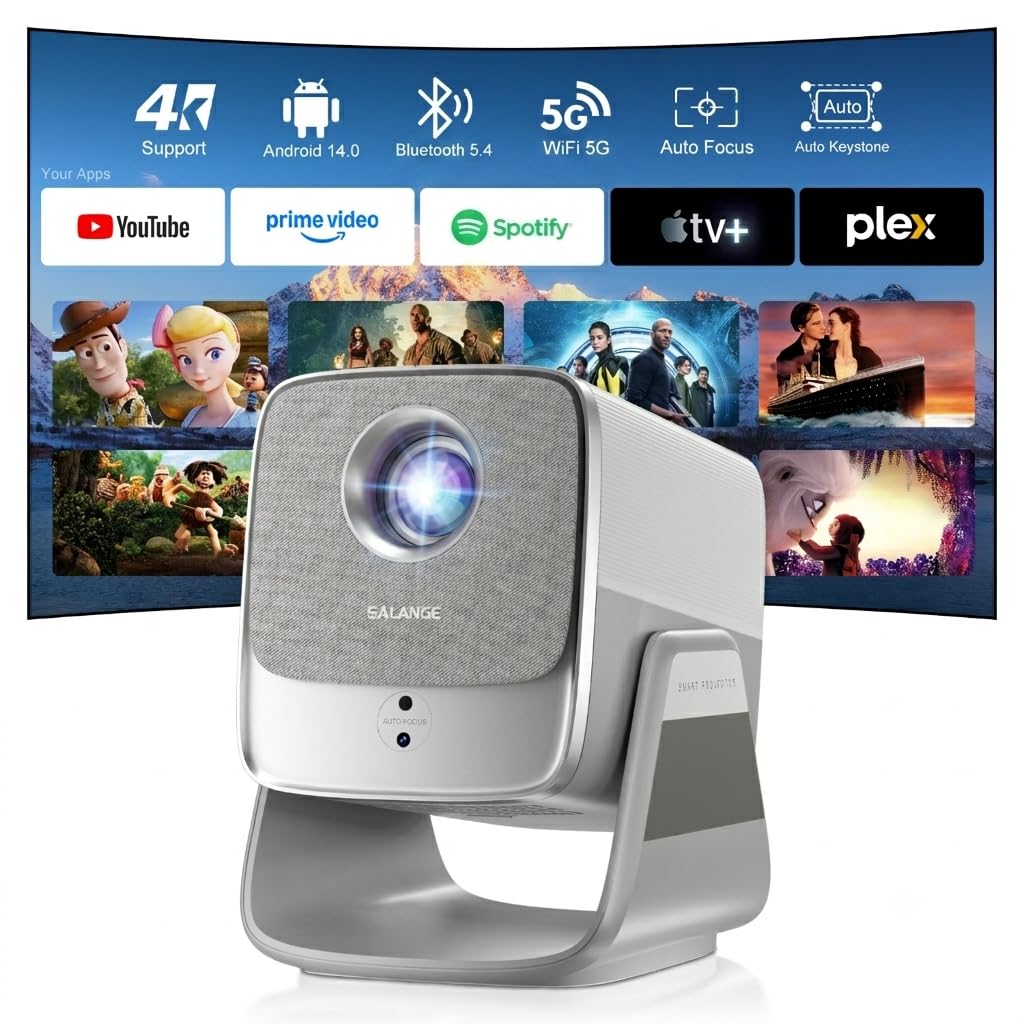 Salange Proiettore X5AR, Nativa 1080p FHD, Supporta 4K, 26000 Lumen, Proiettore Intelligente Android 14 WiFi 6 e Bluetooth 5.4, Autofocus e Correzione Trapezoidale Auto, Home Theater Videoproiettore