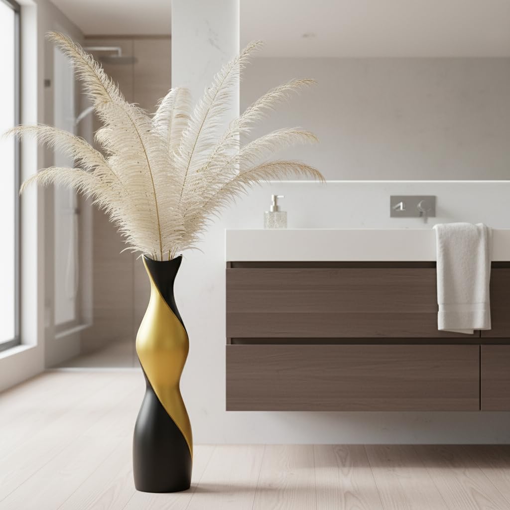 Tall Floor Vase - Matte Black & Gold Tall Decorative Vase, 24 Inch Modern Vase for Pampas Grass, Feathers, Dried Flowers, Home Decor Centerpiece for Living Room, Entryway, Bedroom - Floor Resin