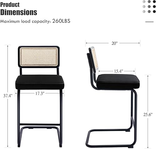 Miniatura 5 de Flouki Taburete de barra de caña, taburetes de bar de ratán, marco de madera maciza con respaldo de ratán natural, base de metal, para isla de