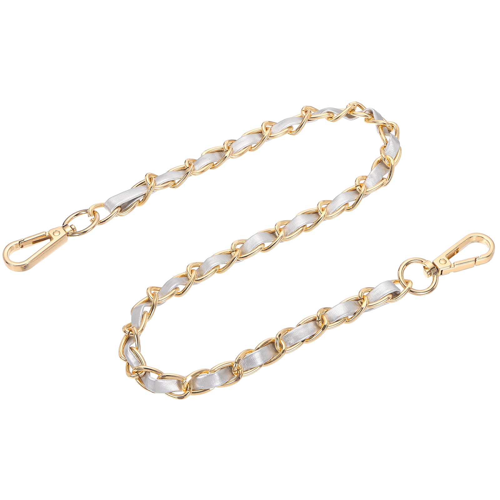 sourcing map Purse Chain Strap, 24 Inch Leather Iron Flat Chain Handbag Chains Purse Straps with Buckles for Shoulder and Cross Body Bags (Silver Strap + Gold Chain)