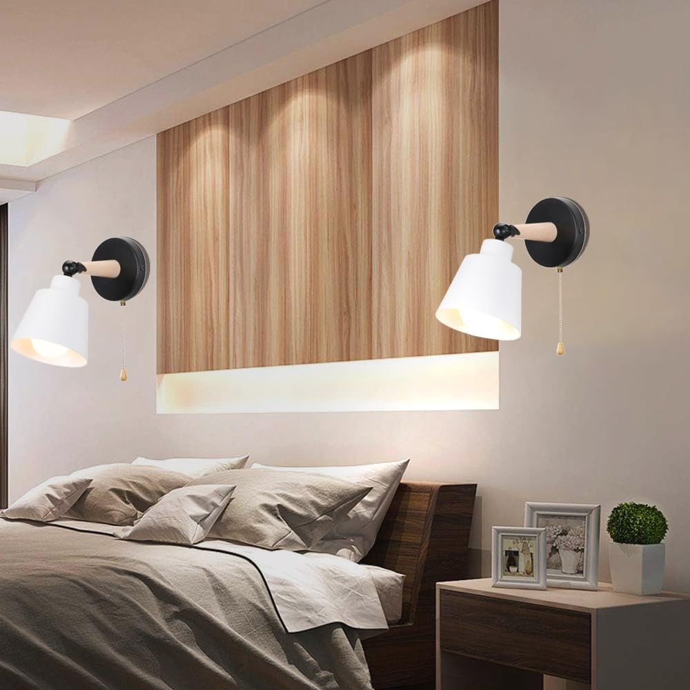 Applique Murale Intérieur avec Interrupteur, 2 Pack Vintage Lampe Murale E27 Bois Industrielle Luminaires Appliques pour Chambre Salon Couloir Blanc