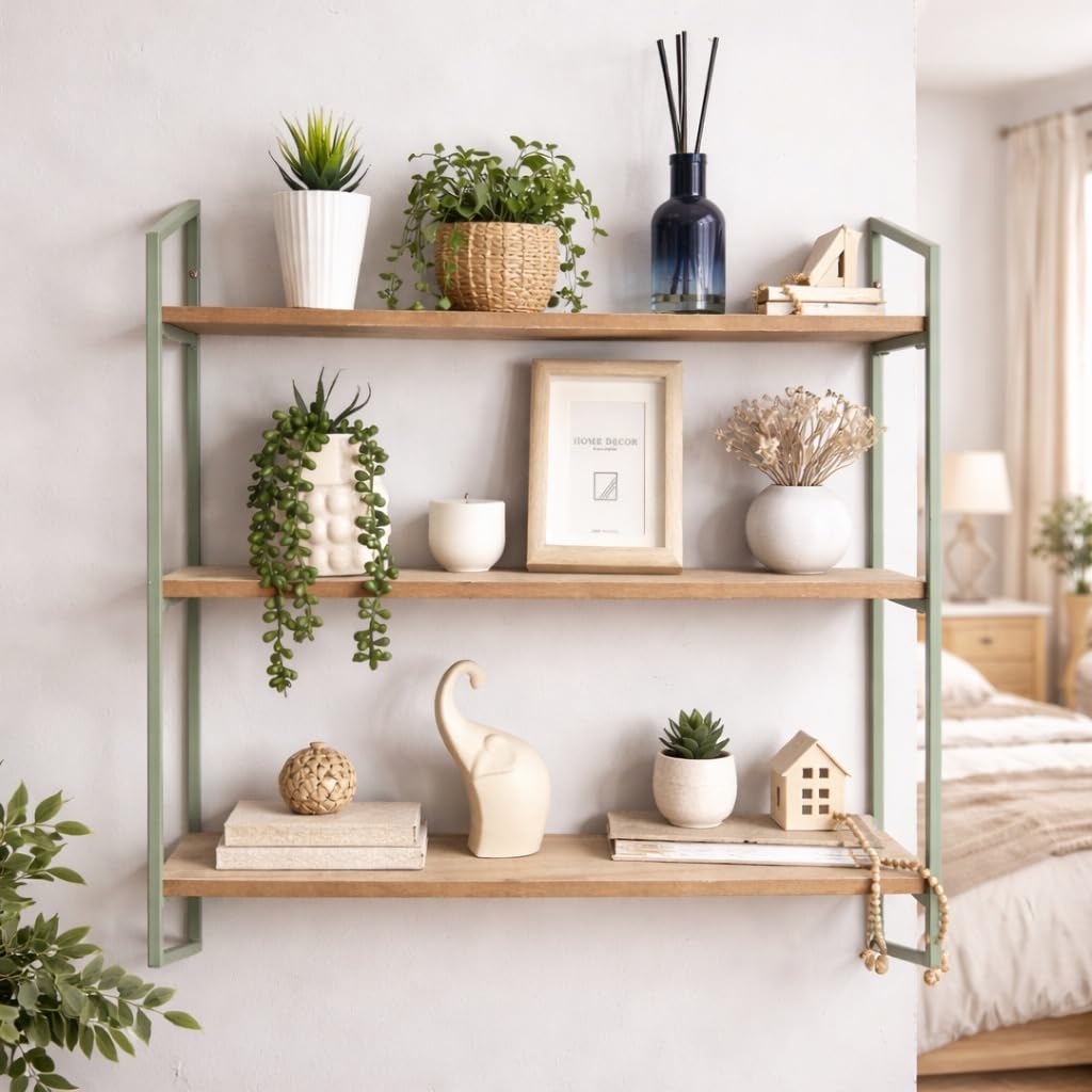 3-Tier Wall Shelf Unit, Metal Frame with Wooden Shelves, 60 x 60 x 15 cm, Floating Display Rack, Space-Saving Storage Organizer, Rustic Industrial Style, Small Wall Mounted Shelving, Bathroom Kitchen